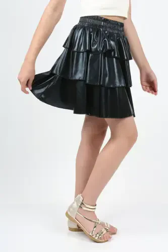 Girl's Elastic Waist Metallic Shiny Glittery 3-Layer Ruffle Skirt - Black - 3