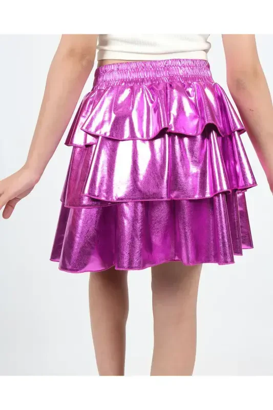 Girls Elastic Waist Metallic Shiny Glittery 3 Layer Ruffle Skirt-Fuchsia - 4