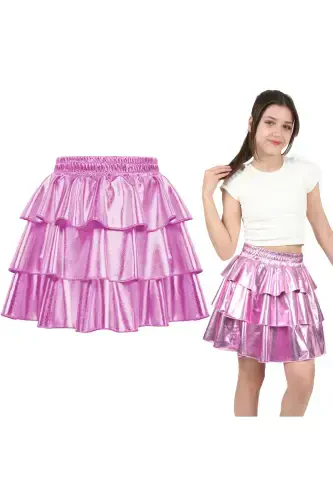 Girl's Elastic Waist Metallic Shiny Glittery 3 Layer Ruffle Skirt-Rose - 1