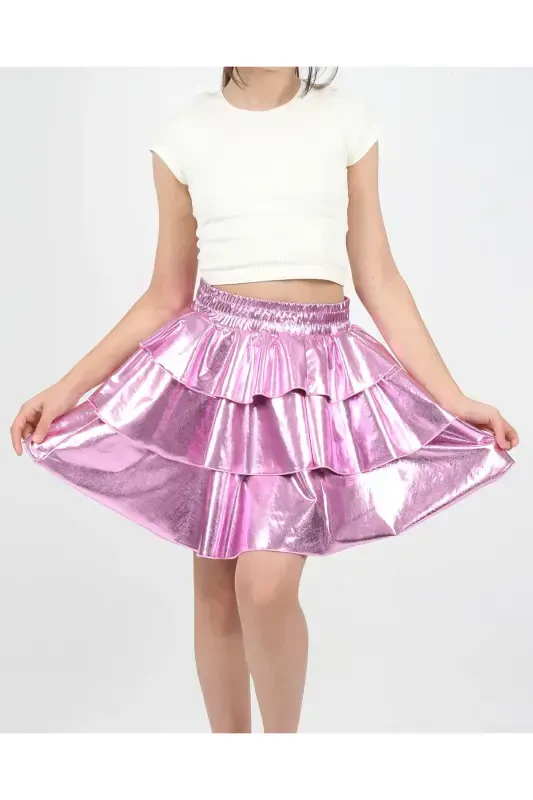Girl's Elastic Waist Metallic Shiny Glittery 3 Layer Ruffle Skirt-Rose - 2