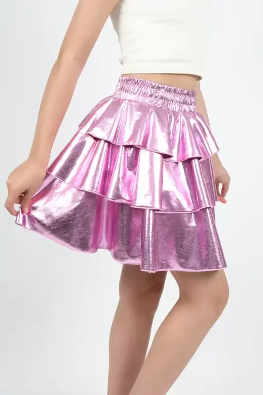 Girl's Elastic Waist Metallic Shiny Glittery 3 Layer Ruffle Skirt-Rose - 3