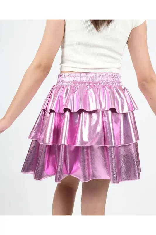 Girl's Elastic Waist Metallic Shiny Glittery 3 Layer Ruffle Skirt-Rose - 4