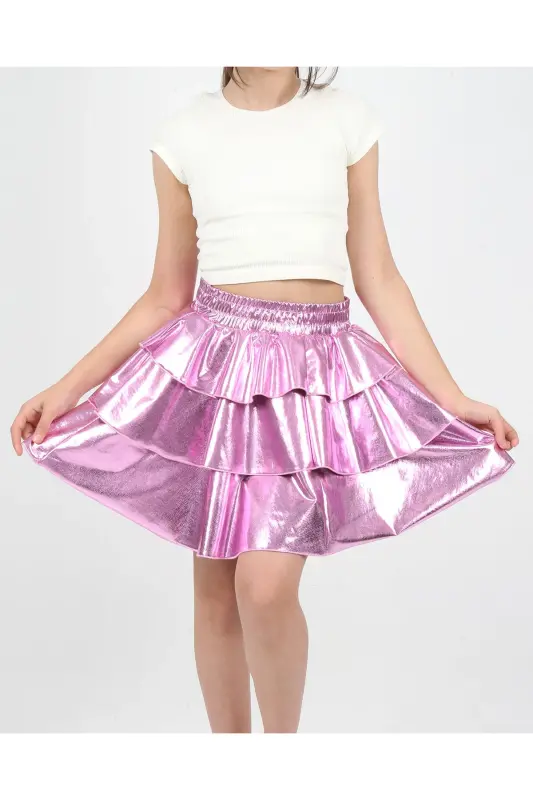 Girl's Elastic Waist Metallic Shiny Glittery 3 Layer Ruffle Skirt-Rose - 3