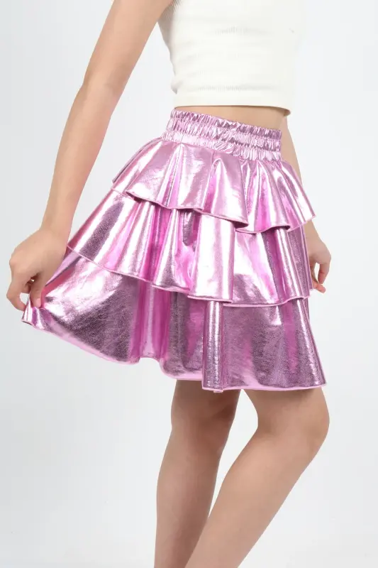 Girl's Elastic Waist Metallic Shiny Glittery 3 Layer Ruffle Skirt-Rose - 4