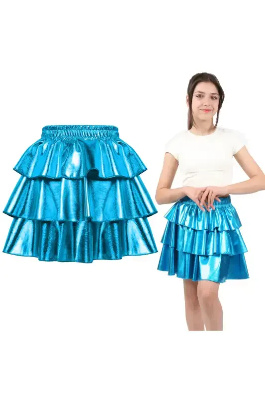 Girl's Elastic Waist Metallic Shiny Glittery 3-Layer Ruffled Skirt-Blue - 1