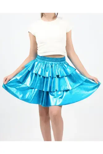 Girl's Elastic Waist Metallic Shiny Glittery 3-Layer Ruffled Skirt-Blue - ERDEM KIDS (1)
