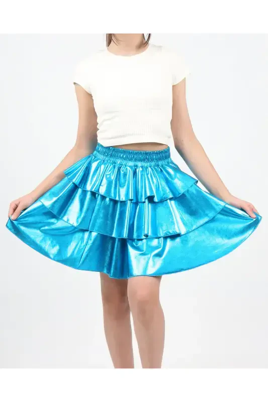 Girl's Elastic Waist Metallic Shiny Glittery 3-Layer Ruffled Skirt-Blue - 2