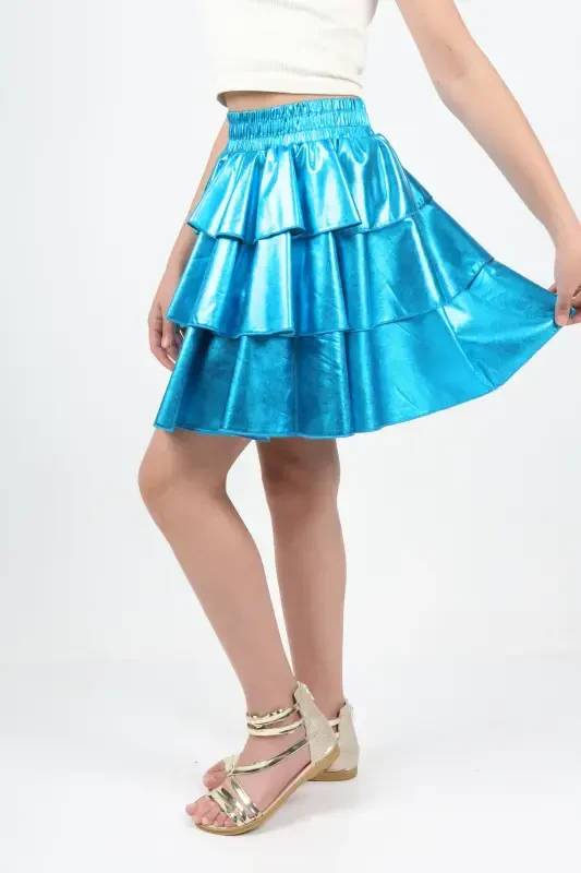 Girl's Elastic Waist Metallic Shiny Glittery 3-Layer Ruffled Skirt-Blue - 3