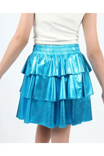 Girl's Elastic Waist Metallic Shiny Glittery 3-Layer Ruffled Skirt-Blue - 4