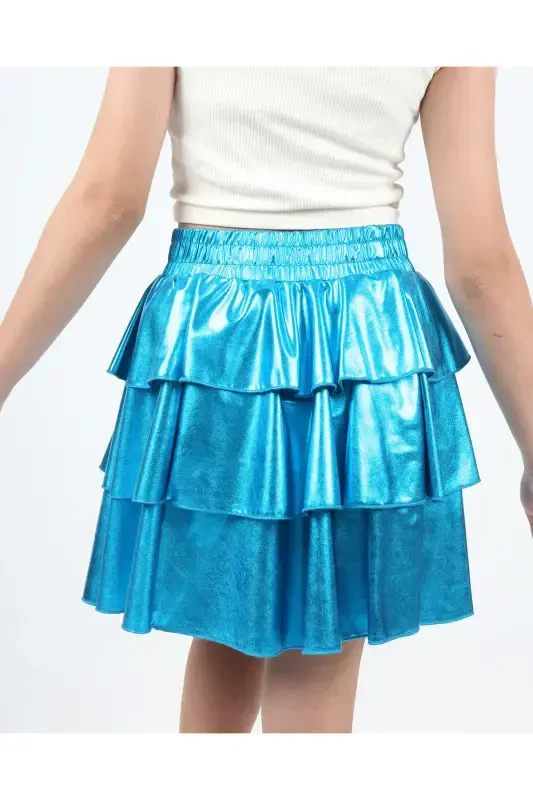 Girl's Elastic Waist Metallic Shiny Glittery 3-Layer Ruffled Skirt-Blue - 4