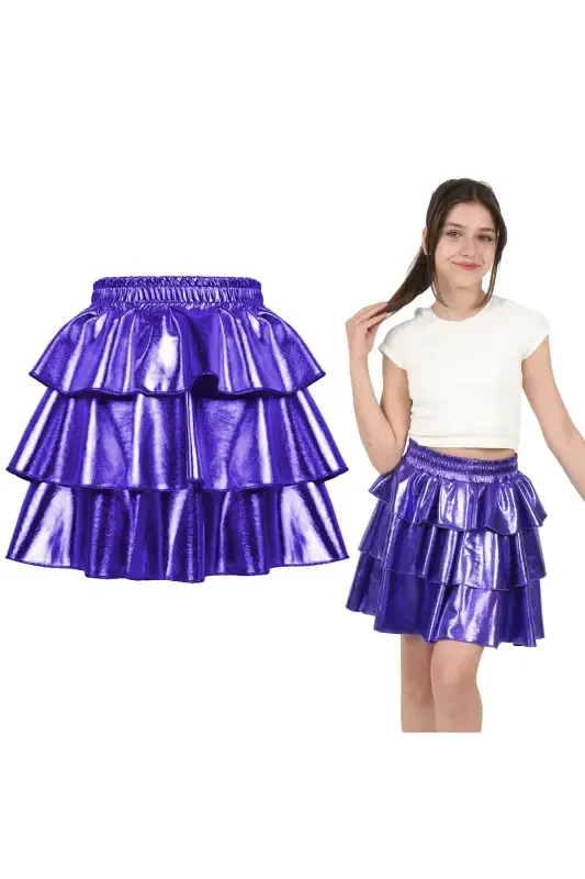 Girl's Elastic Waist Metallic Shiny Glittery 3 Layered Ruffle Skirt-Purple - ERDEM KIDS