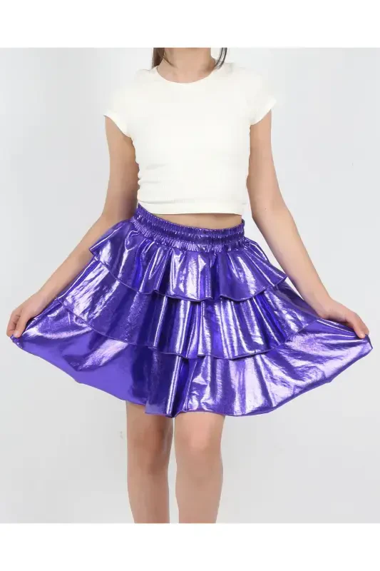 Girl's Elastic Waist Metallic Shiny Glittery 3 Layered Ruffle Skirt-Purple - 2
