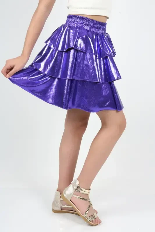Girl's Elastic Waist Metallic Shiny Glittery 3 Layered Ruffle Skirt-Purple - 3