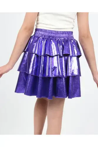 Girl's Elastic Waist Metallic Shiny Glittery 3 Layered Ruffle Skirt-Purple - 4