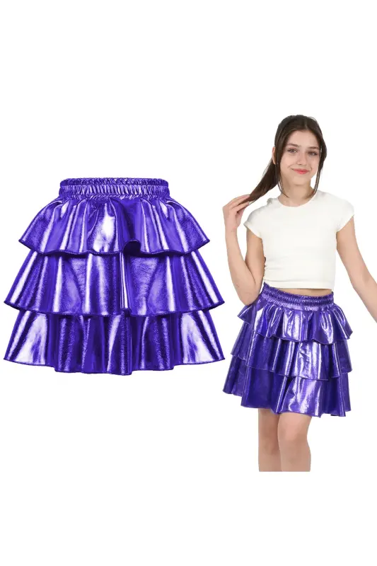 Girl's Elastic Waist Metallic Shiny Glittery 3 Layered Ruffle Skirt-Purple - 2