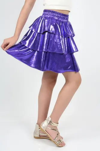 Girl's Elastic Waist Metallic Shiny Glittery 3 Layered Ruffle Skirt-Purple - 4