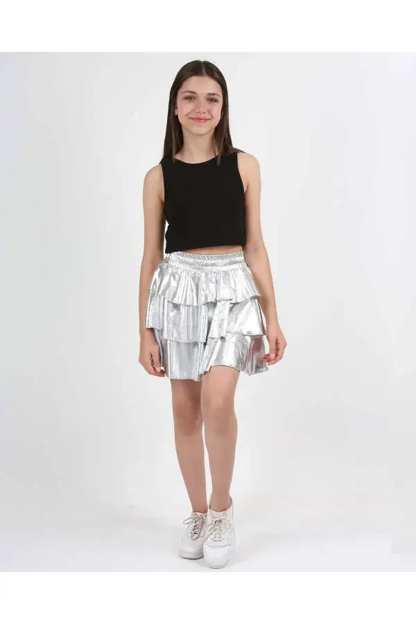 Girls' Elastic Waist Metallic Shiny Glittery 3-Tier Ruffled Skirt - 2