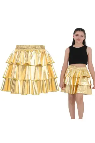Girl's Elastic Waist Metallic Shiny Glittery 3 Tiered Ruffle Skirt-Gold - 1