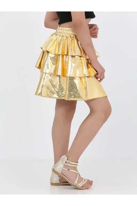 Girl's Elastic Waist Metallic Shiny Glittery 3 Tiered Ruffle Skirt-Gold - 3