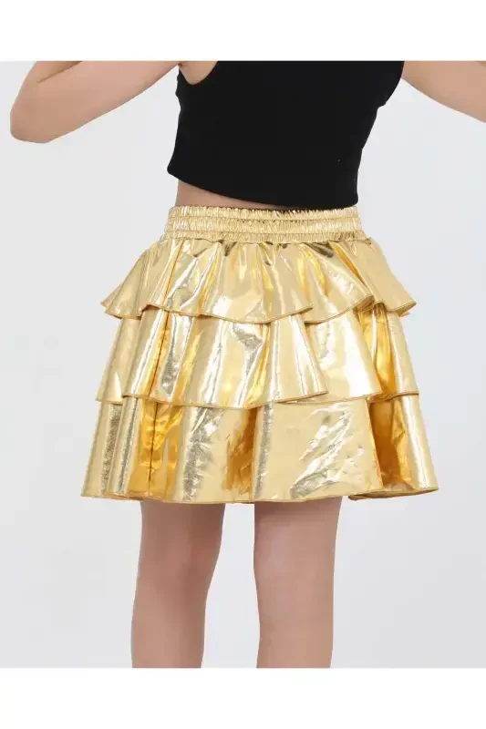 Girl's Elastic Waist Metallic Shiny Glittery 3 Tiered Ruffle Skirt-Gold - 4