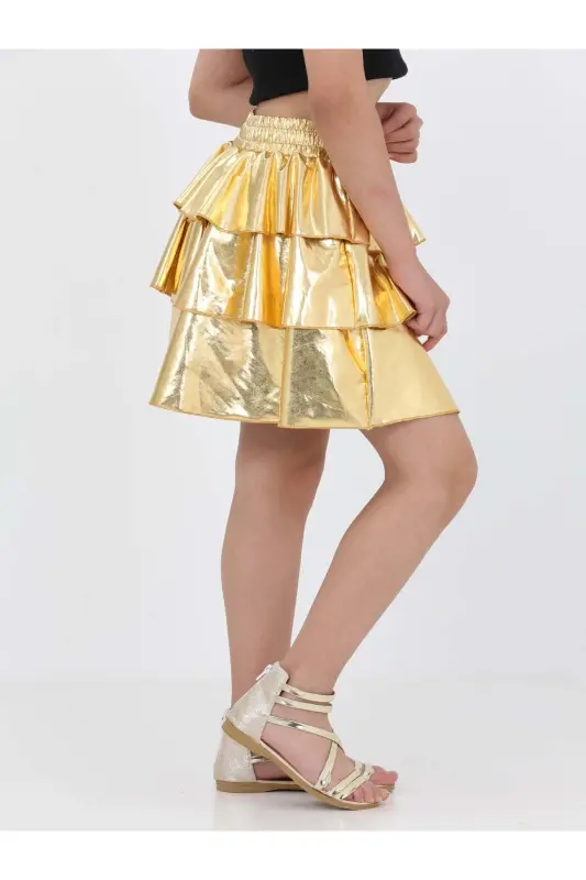 Girl's Elastic Waist Metallic Shiny Glittery 3 Tiered Ruffle Skirt-Gold - 4