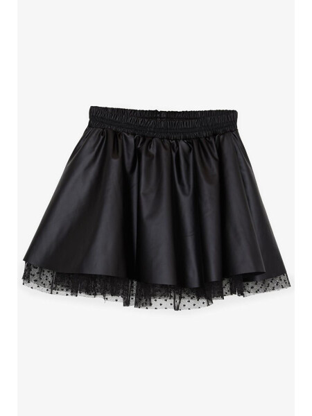 Girls Faux Leather Skirt with Tulle, Elastic Waist, Black (8-12 Years) - 1