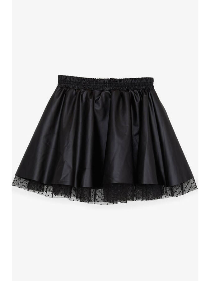 Girls Faux Leather Skirt with Tulle, Elastic Waist, Black (8-12 Years) - 2