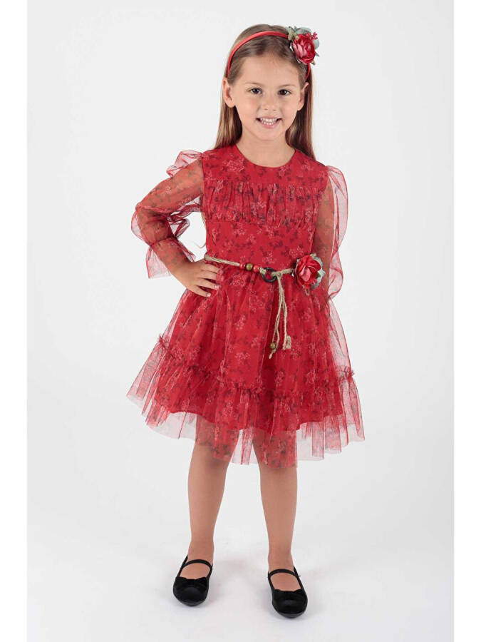 Girls Floral Print Crowned Belted Dress Ak2202 - 1
