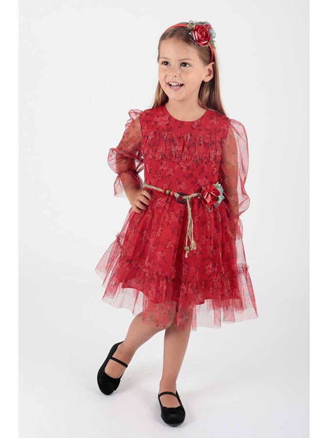 Girls Floral Print Crowned Belted Dress Ak2202 - 2
