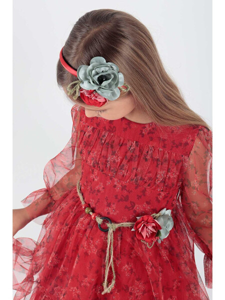 Girls Floral Print Crowned Belted Dress Ak2202 - 3