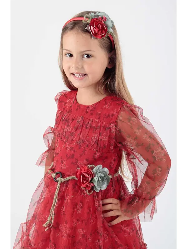 Girls Floral Print Crowned Belted Dress Ak2202 - 5