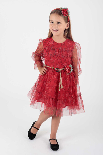 Girls Floral Print Crowned Belted Dress Ak2202 - 7