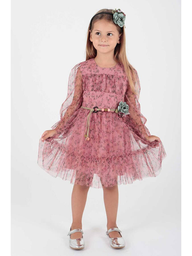 Girls' Floral Printed Crown Belt Dress Ak2202 - 1