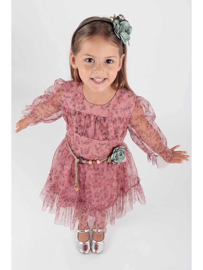 Girls' Floral Printed Crown Belt Dress Ak2202 - 3