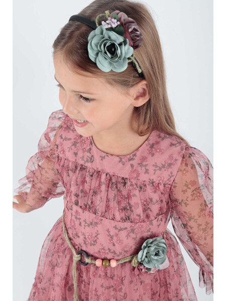 Girls' Floral Printed Crown Belt Dress Ak2202 - 4