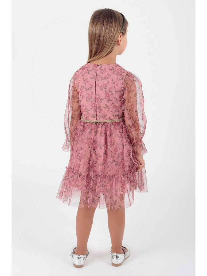 Girls' Floral Printed Crown Belt Dress Ak2202 - 5