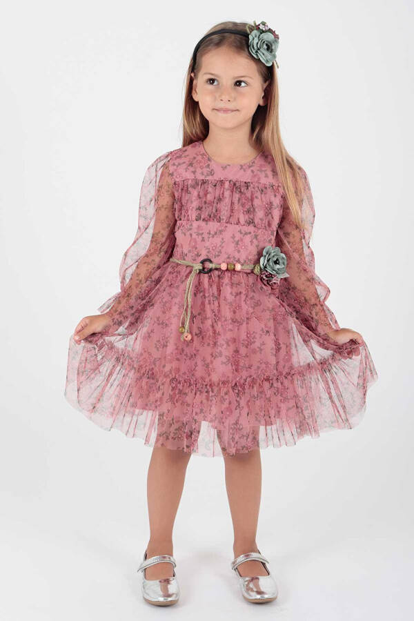 Girls' Floral Printed Crown Belt Dress Ak2202 - 6