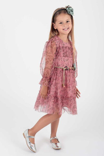 Girls' Floral Printed Crown Belt Dress Ak2202 - 7
