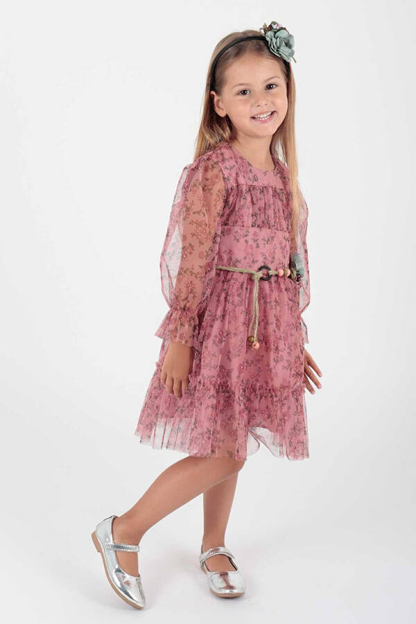 Girls' Floral Printed Crown Belt Dress Ak2202 - 7