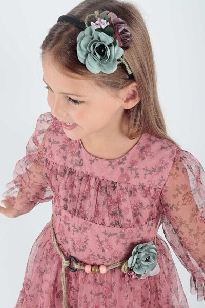Girls' Floral Printed Crown Belt Dress Ak2202 - 9