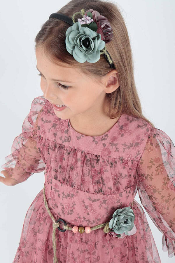 Girls' Floral Printed Crown Belt Dress Ak2202 - 9