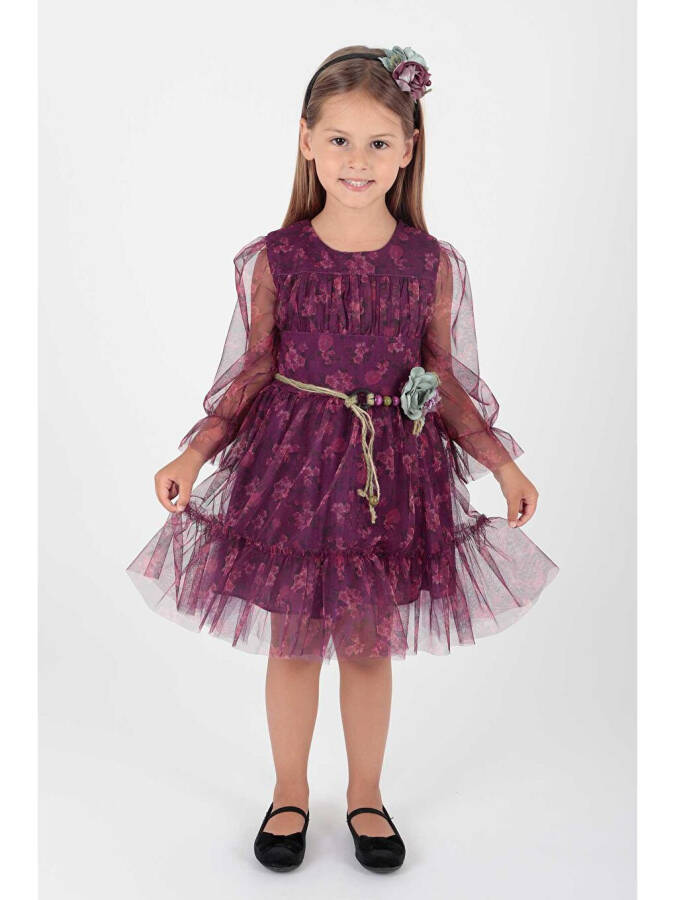 Girl's Floral Printed Crowned Belted Dress Ak2202 - 2