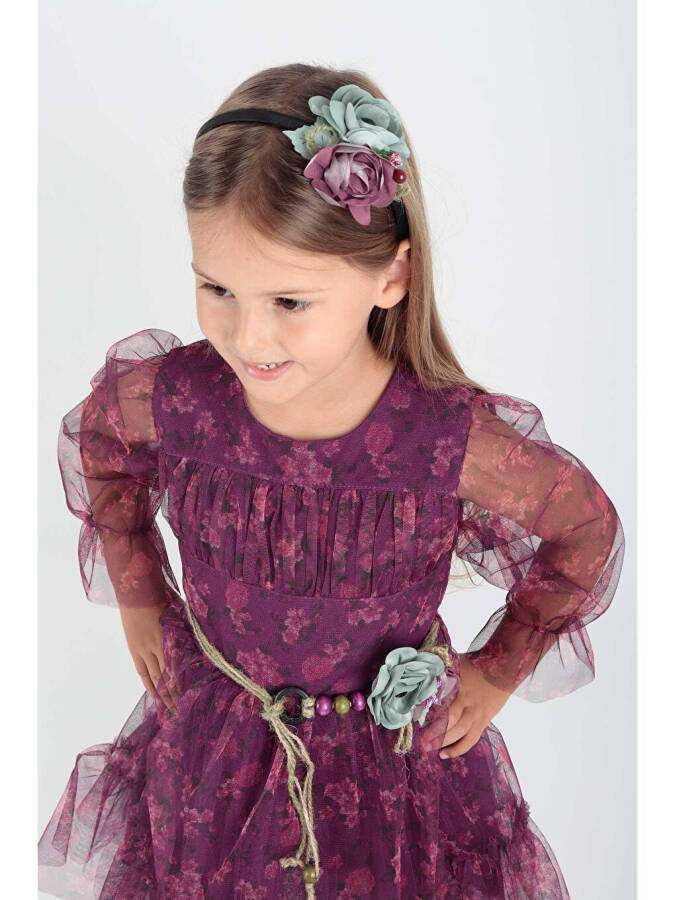 Girl's Floral Printed Crowned Belted Dress Ak2202 - 3