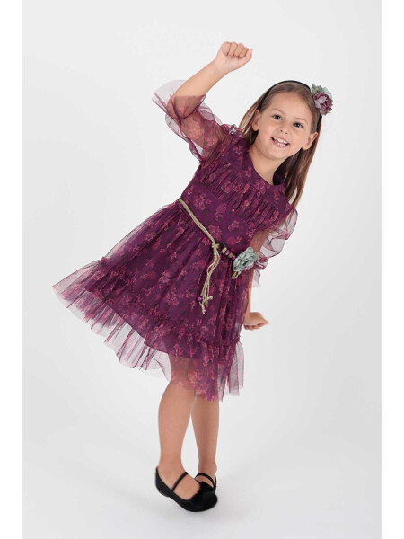 Girl's Floral Printed Crowned Belted Dress Ak2202 - 4