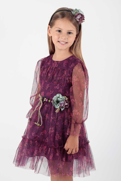 Girl's Floral Printed Crowned Belted Dress Ak2202 - 6