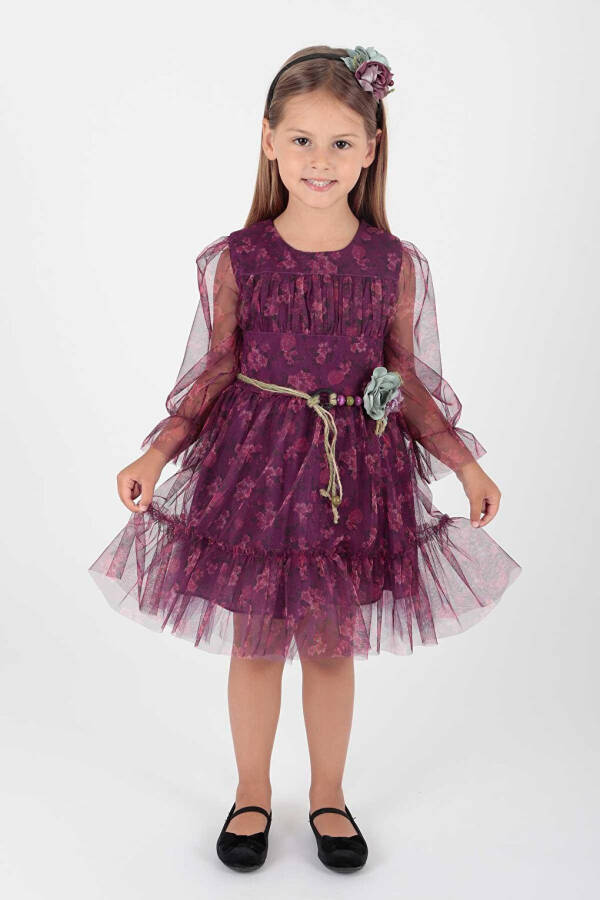Girl's Floral Printed Crowned Belted Dress Ak2202 - 7