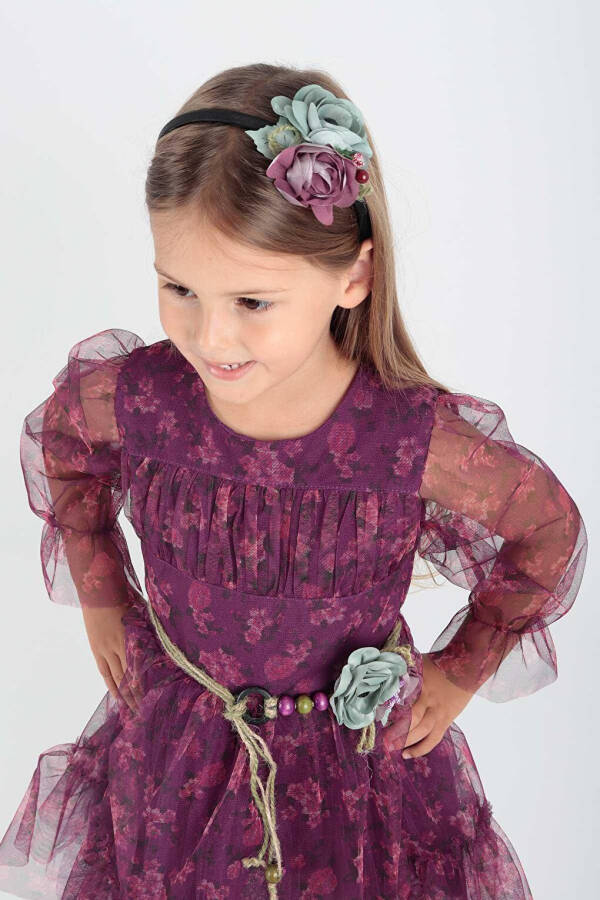 Girl's Floral Printed Crowned Belted Dress Ak2202 - 8