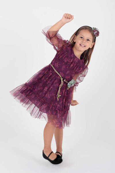 Girl's Floral Printed Crowned Belted Dress Ak2202 - 9