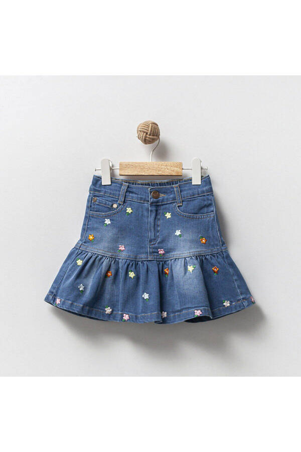 Girls' Flower Embroidered Ruffled Blue Denim Skirt - 7