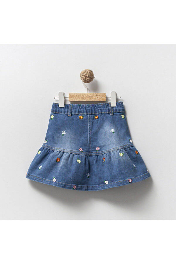 Girls' Flower Embroidered Ruffled Blue Denim Skirt - 9